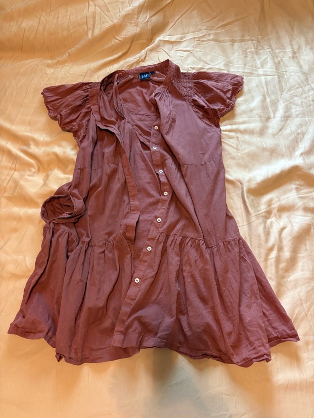 Ruffled Button-Front Short Sleeve Dress in Dusty Rose has Pockets!
